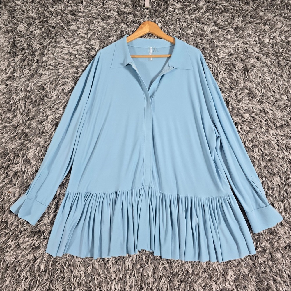 Norma Kamali Light Blue Ruffle Peplum Tunic Blouse Shirt Size M Medium 3637